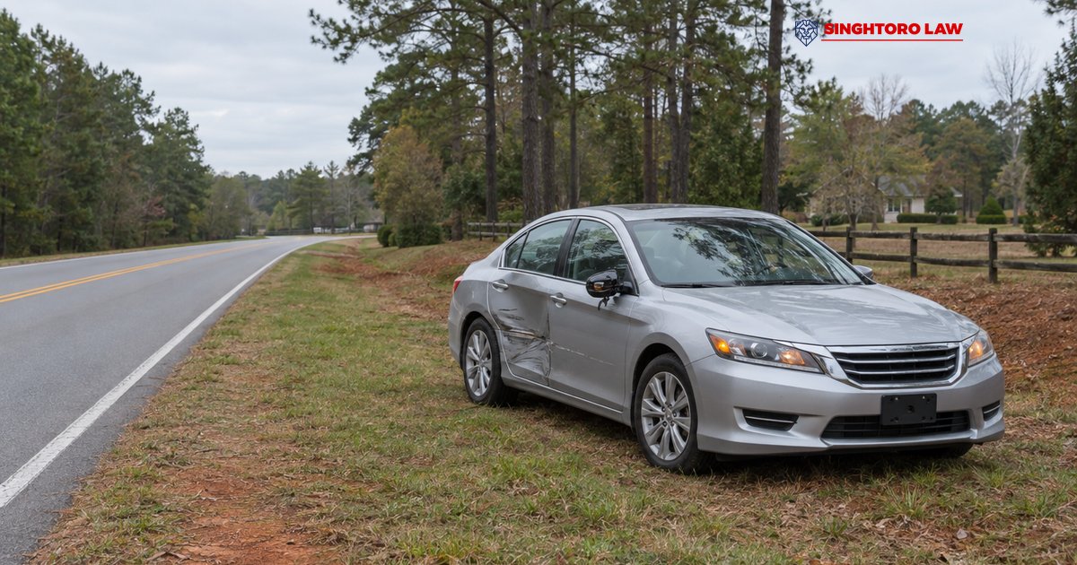Damaged car stopped beside a Georgia road following a hit-and-run accident