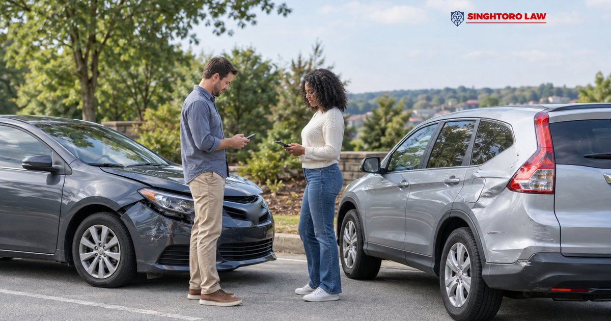Two drivers exchanging insurance information beside their cars after a minor Georgia traffic accident