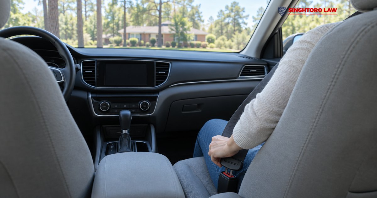 Passenger fastening a seat belt in the front seat of a parked car