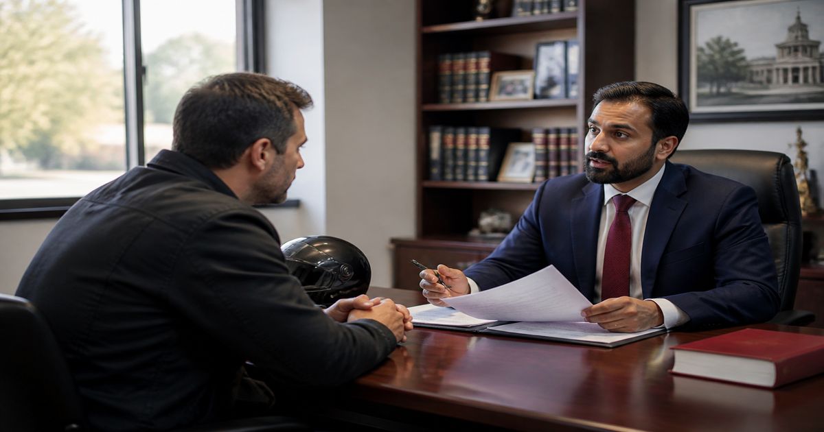 Editorial photo illustrating 5 Questions to Ask Your Douglasville Motorcycle Accident Lawyer — Answered by SinghToro Law PA