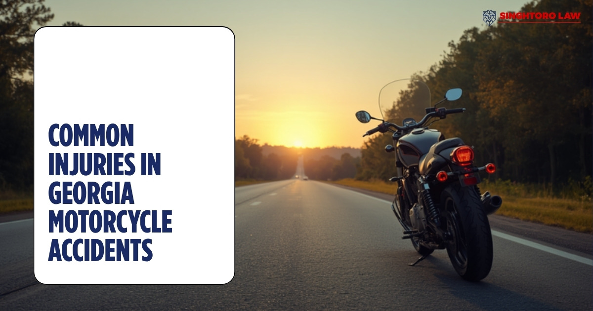 A motorcycle parked on an open Georgia highway at sunset, illustrating an article about motorcycle accident injuries and fault in Georgia.