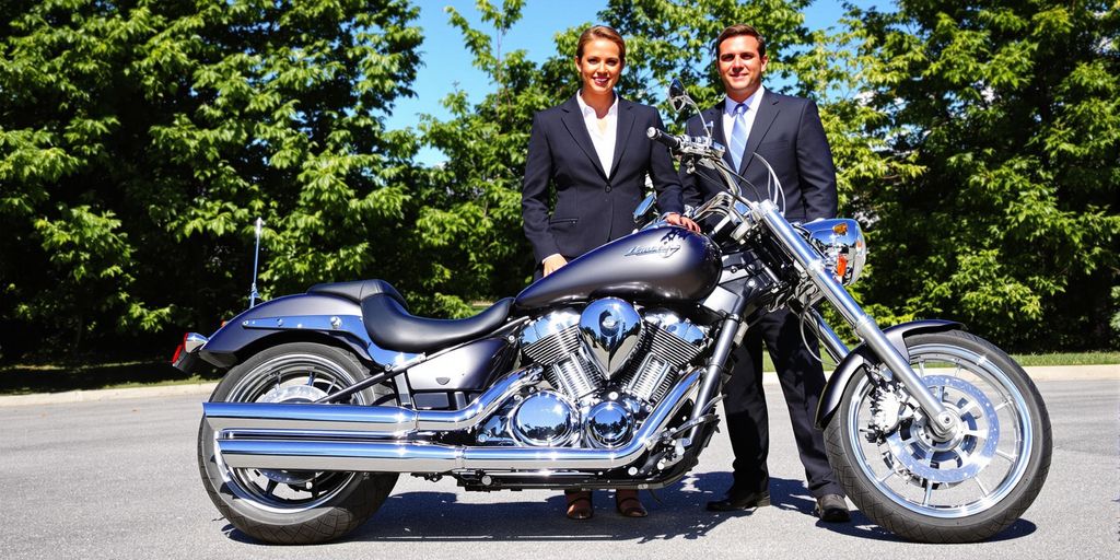 Motorcycle on road with two lawyers nearby.