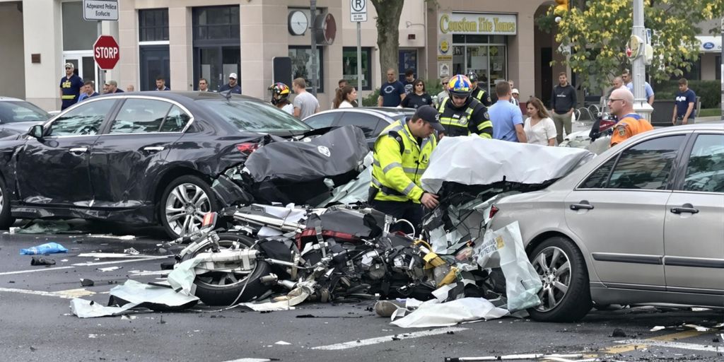 Motorcycle accident scene with responders and injured rider.