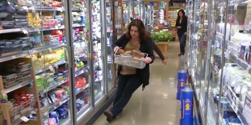 Slip and Fall Attorney - Person slips on wet grocery store floor, another looks concerned.