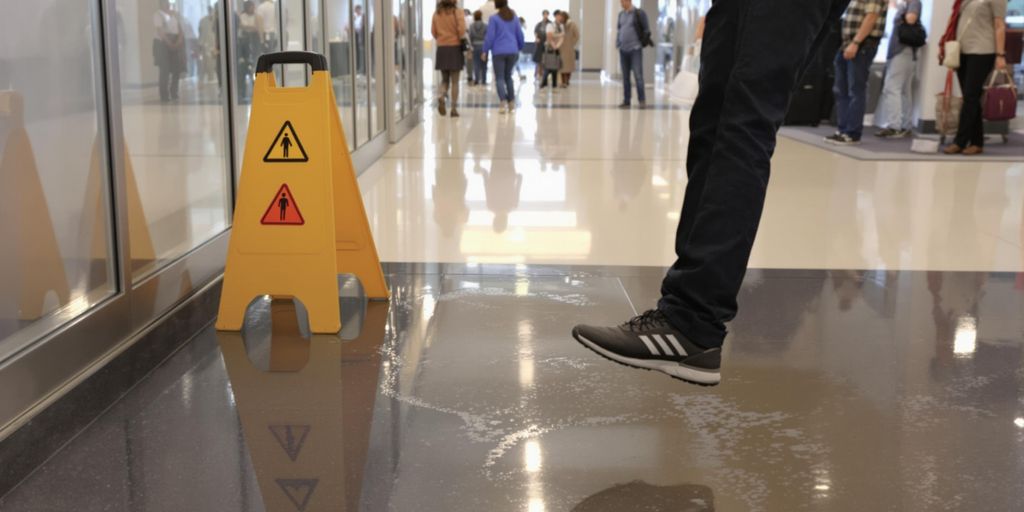 Person slipping on wet floor in commercial building. SLIP AND FALL ATTORNEY