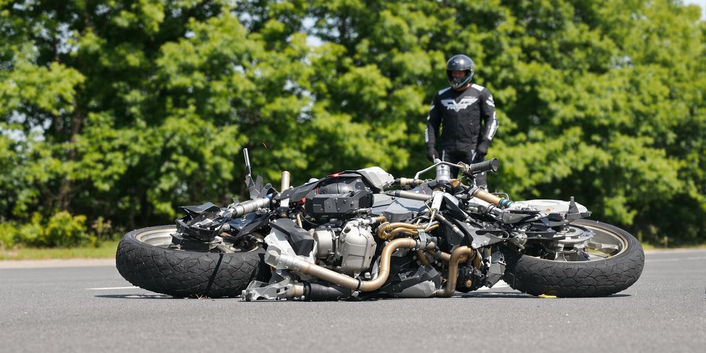 Motorcycle rider and damaged bike on road.