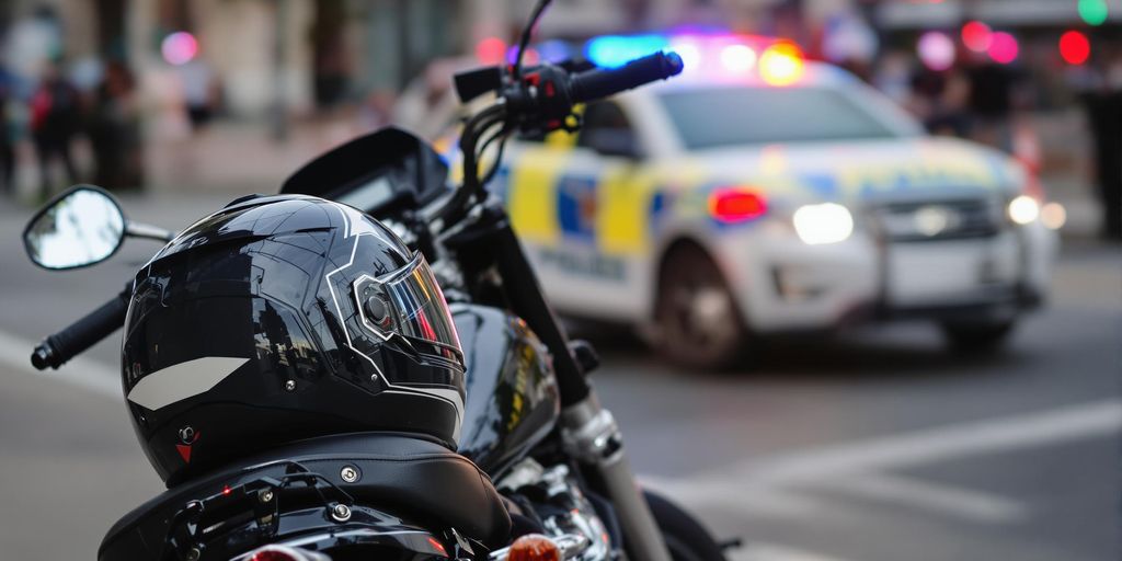 Motorcycle and helmet near police car after accident
