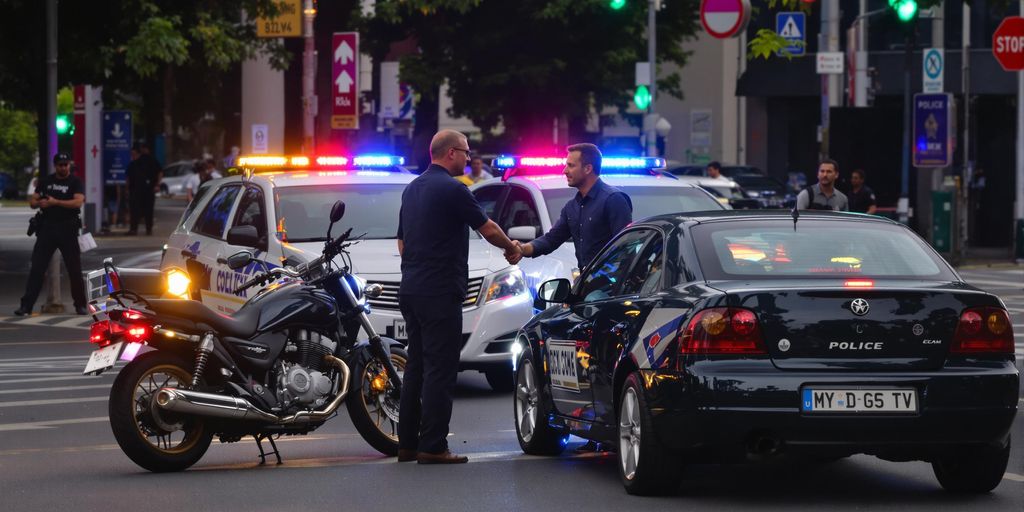 Motorcycle and car accident with people shaking hands