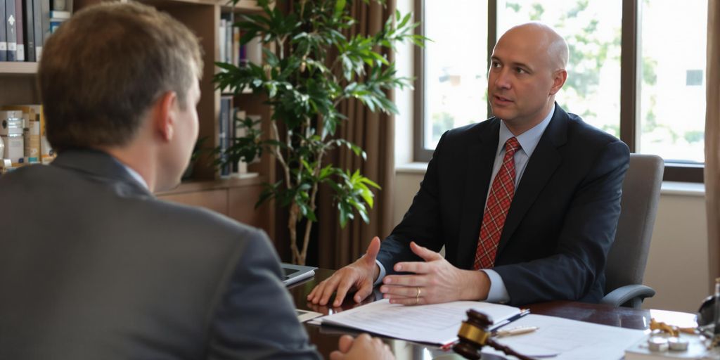Lawyer and injured client meeting in office setting