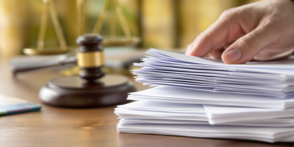 Hand holding documents with gavel and scales nearby.