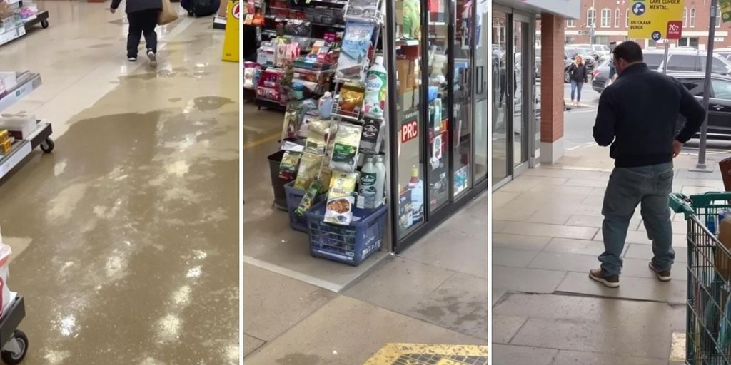 Person slipping on wet supermarket floor and tripping outside