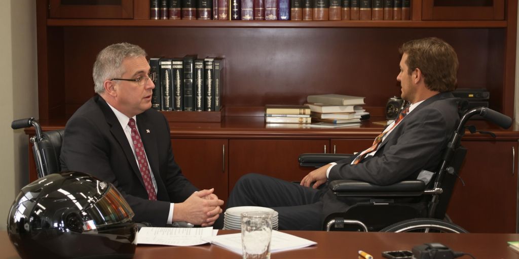 Lawyer consulting injured motorcyclist in wheelchair indoors.