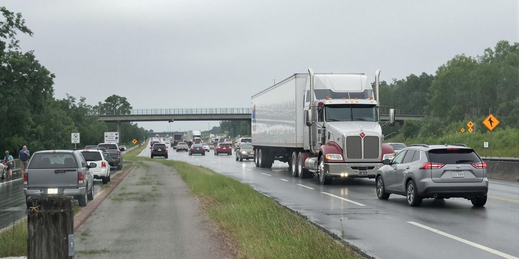 Truck Accident Lawyer - Semi-truck driving among cars on wet Chamblee highway