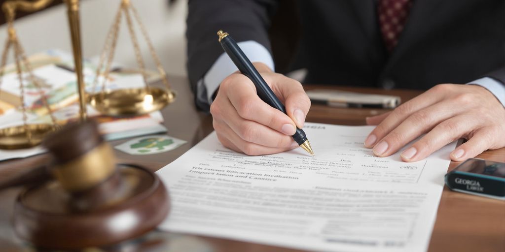 Person filling legal documents with gavel and justice scale