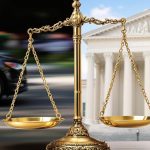 Scales of justice balanced, with a car and courthouse.