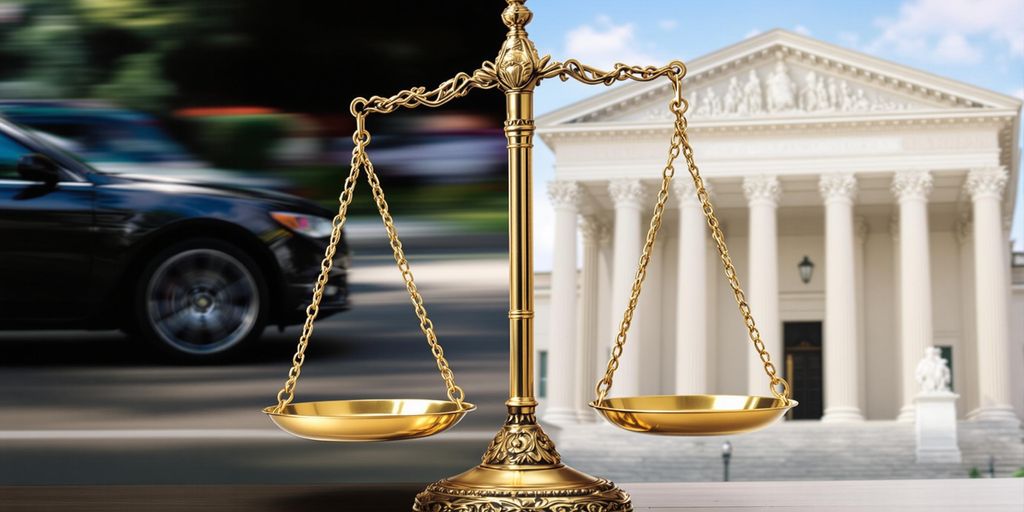 Scales of justice balanced, with a car and courthouse.