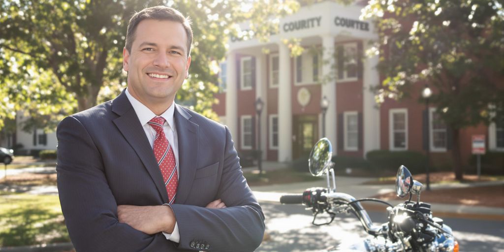 Attorney beside motorcycle outside courthouse in Douglasville