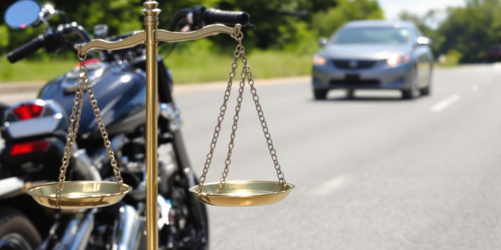 Motorcyclist on road, car behind, legal scales nearby.