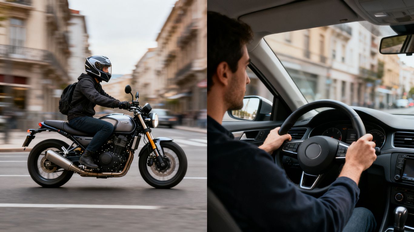 Motorcycle rider and car driver on a city street.
