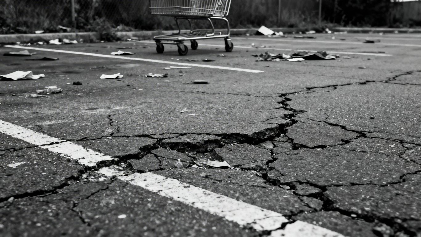 Cracked asphalt parking lot with debris and shopping cart.