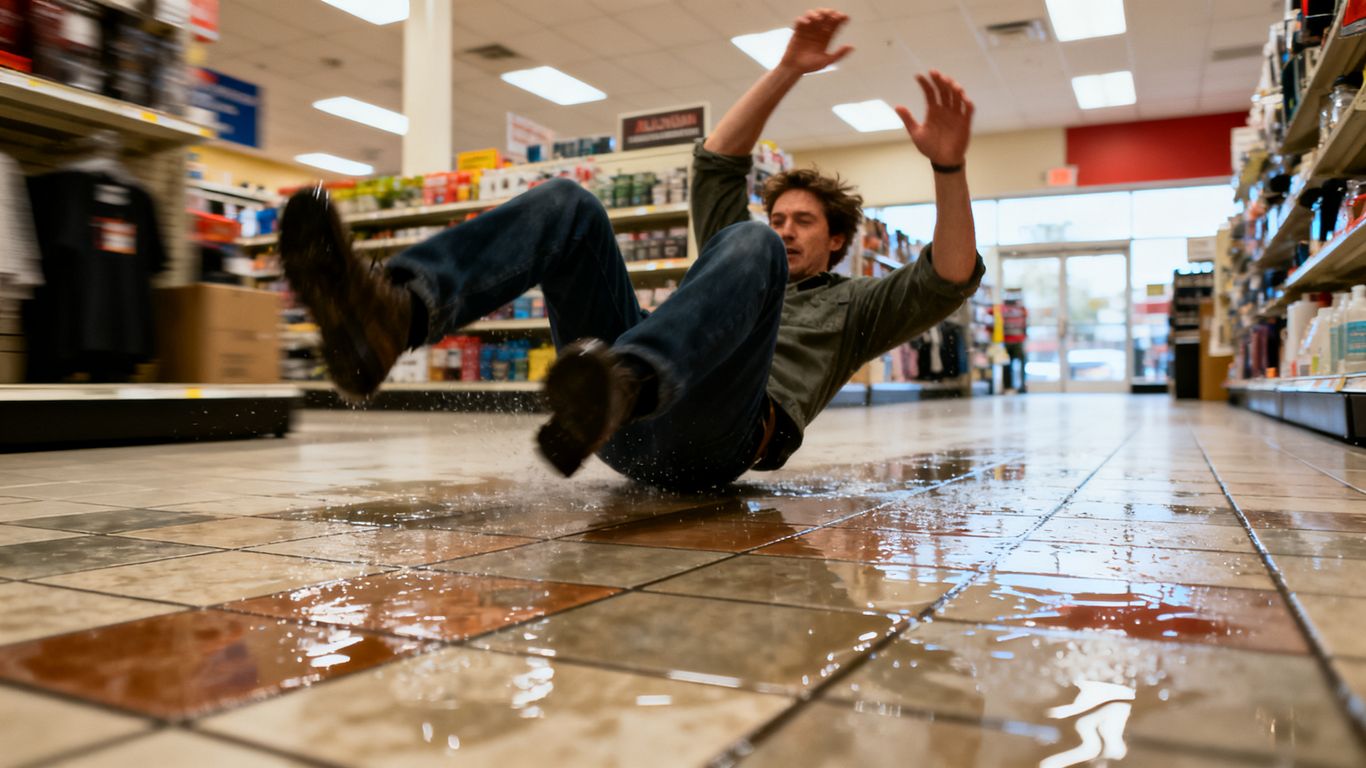 Person slipping on a wet floor in a store.