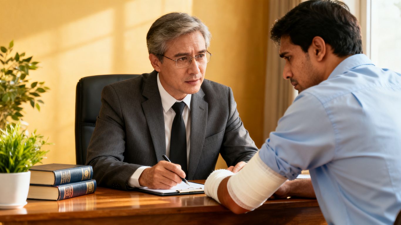 Lawyer consulting injured client with arm bandage in office