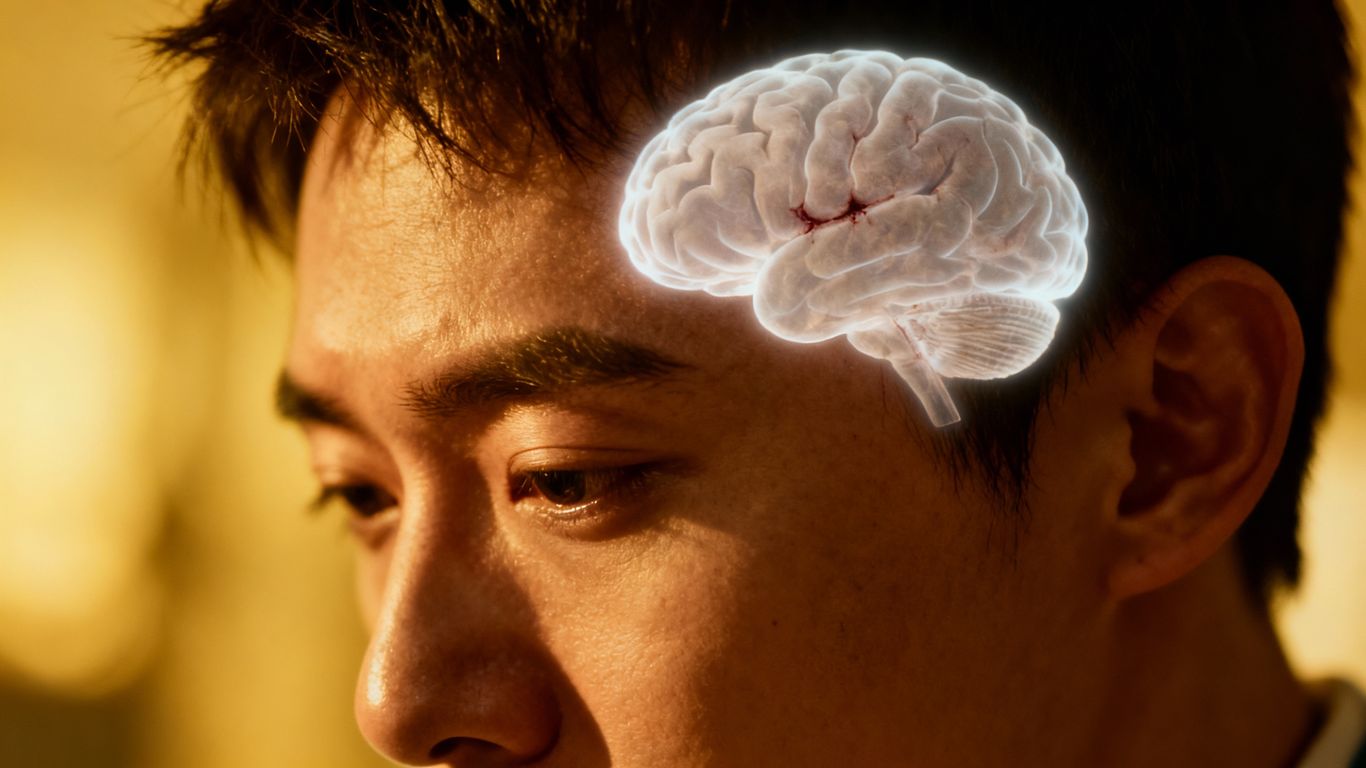 Head with glowing brain area, TBI concept.