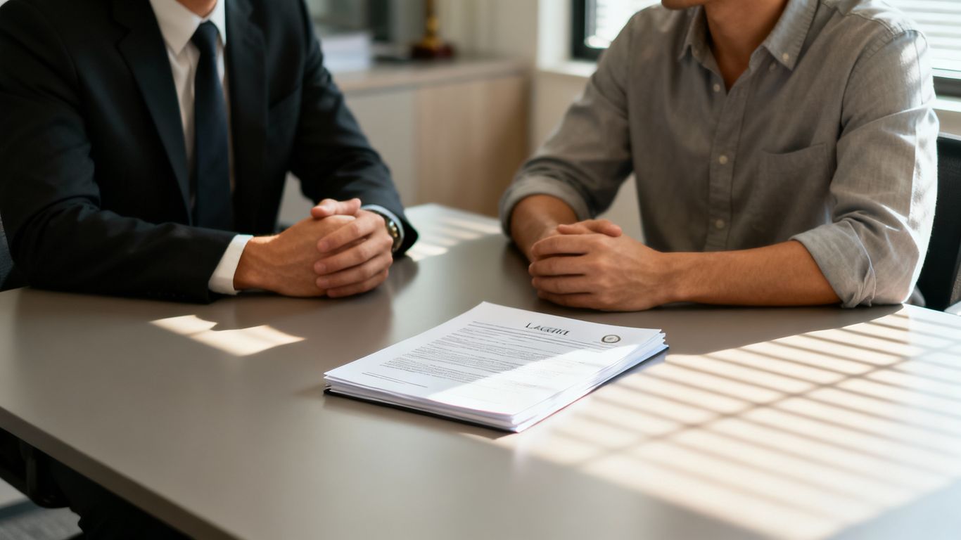 Attorney and client meeting in a bright office