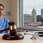 Patient, gavel, stethoscope, cityscape for legal comparison