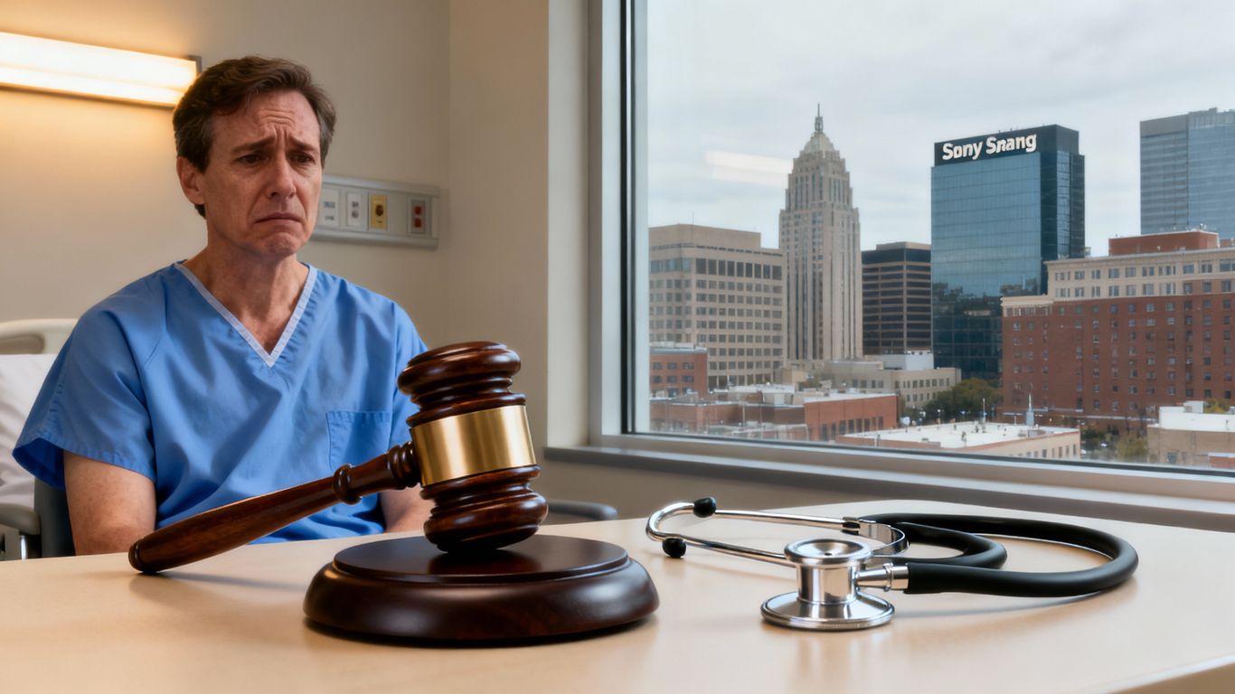 Patient, gavel, stethoscope, cityscape for legal comparison
