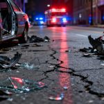 Car accident scene with flashing lights.
