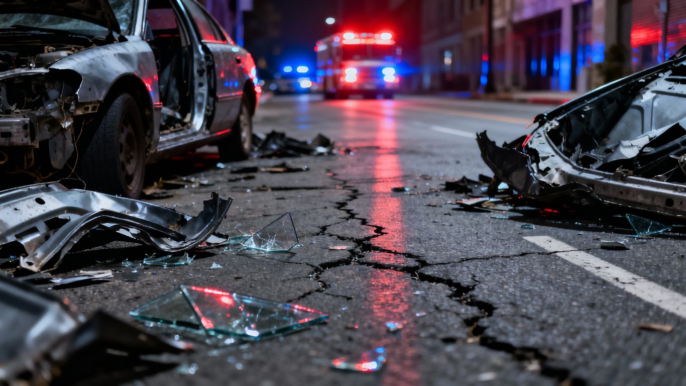 Car accident scene with flashing lights.