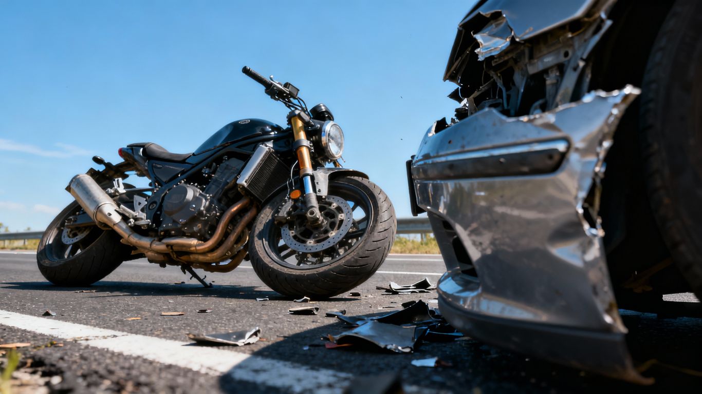 Motorcycle accident scene with damaged vehicles.