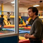 Parent looking at children jumping in a trampoline park.