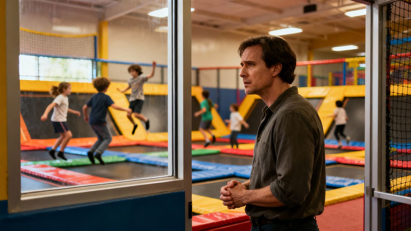 Parent looking at children jumping in a trampoline park.
