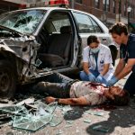 Car accident aftermath with injured person receiving medical attention.