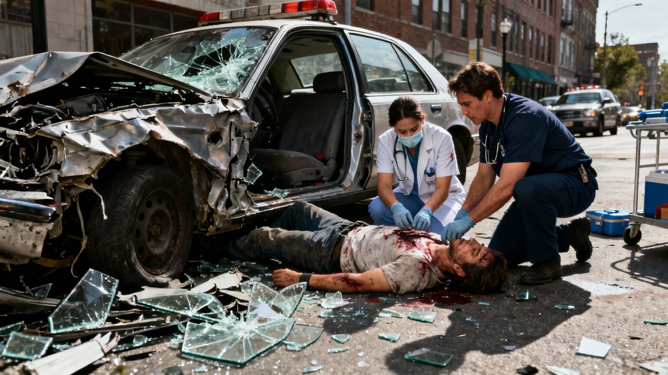 Car accident aftermath with injured person receiving medical attention.