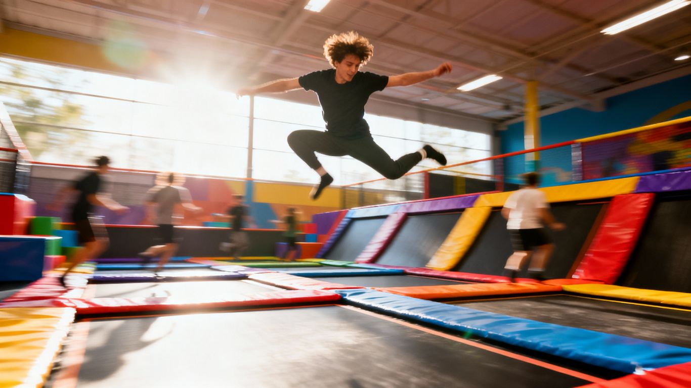 Person jumping high on a trampoline.