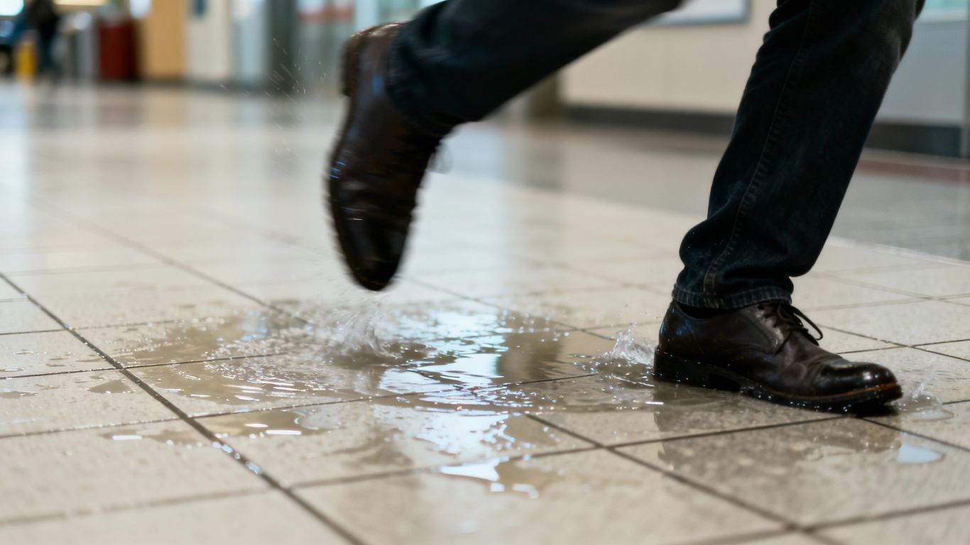 Person slipping on a wet floor.