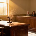 Gavel in courtroom, jury watching.