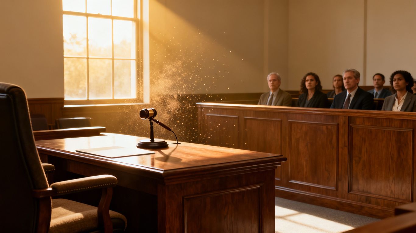 Gavel in courtroom, jury watching.