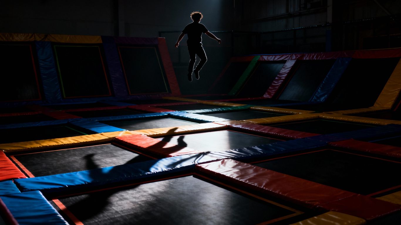 Trampoline park with a person jumping.