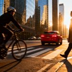 Atlanta street scene with cyclist, pedestrian, and car.