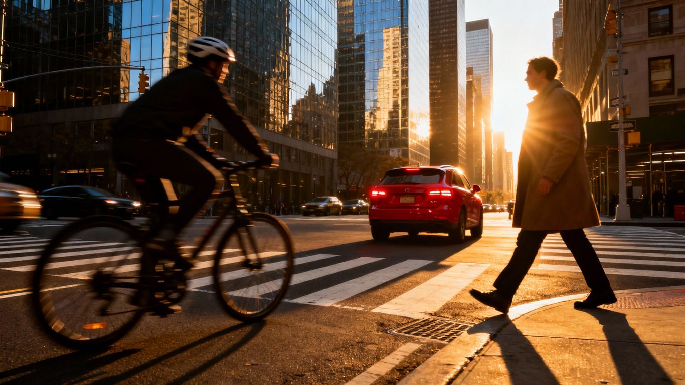 Atlanta street scene with cyclist, pedestrian, and car.