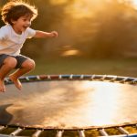 Child jumping high on a trampoline outdoors.