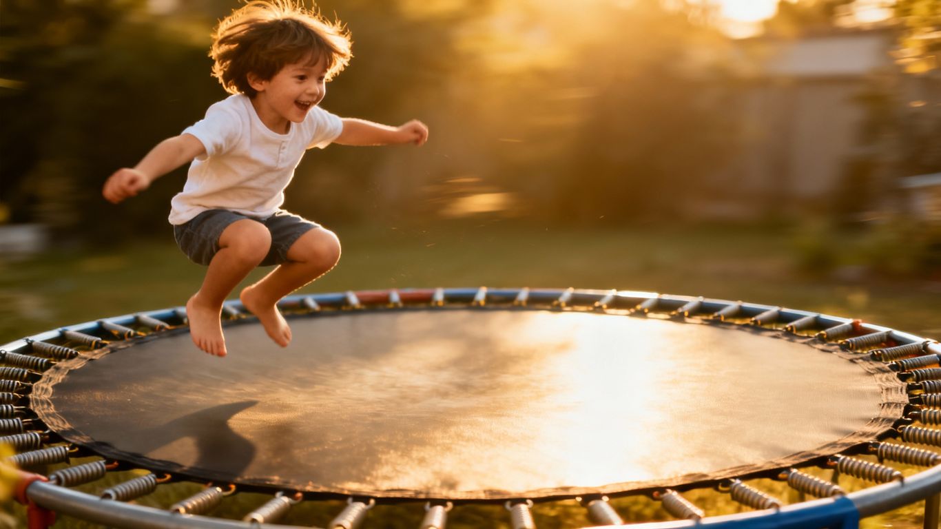 Child jumping high on a trampoline outdoors.