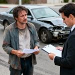 Victim and adjuster discussing car crash insurance claim.