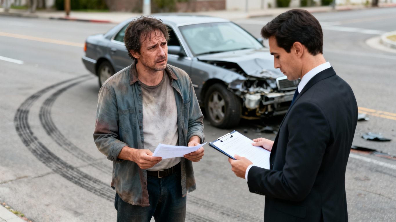 Victim and adjuster discussing car crash insurance claim.