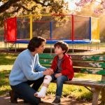 Child with bandaged leg at trampoline park