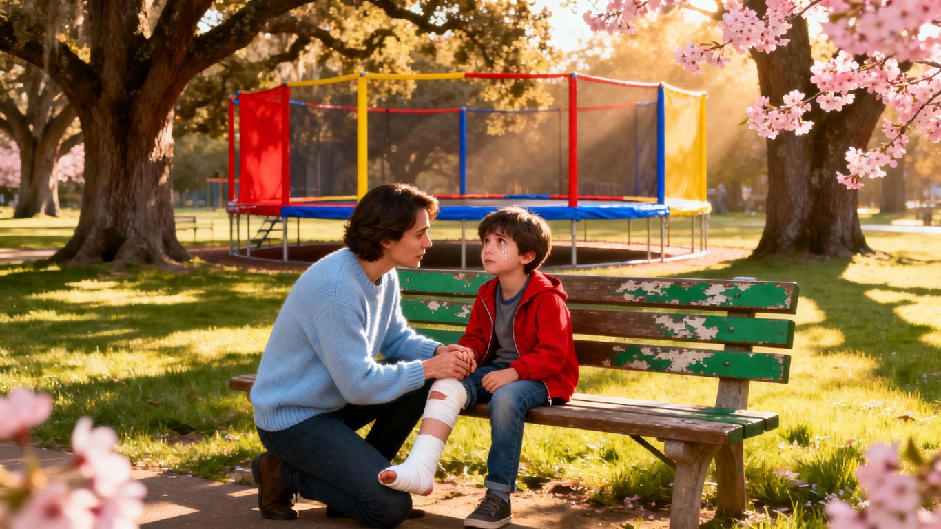Child with bandaged leg at trampoline park